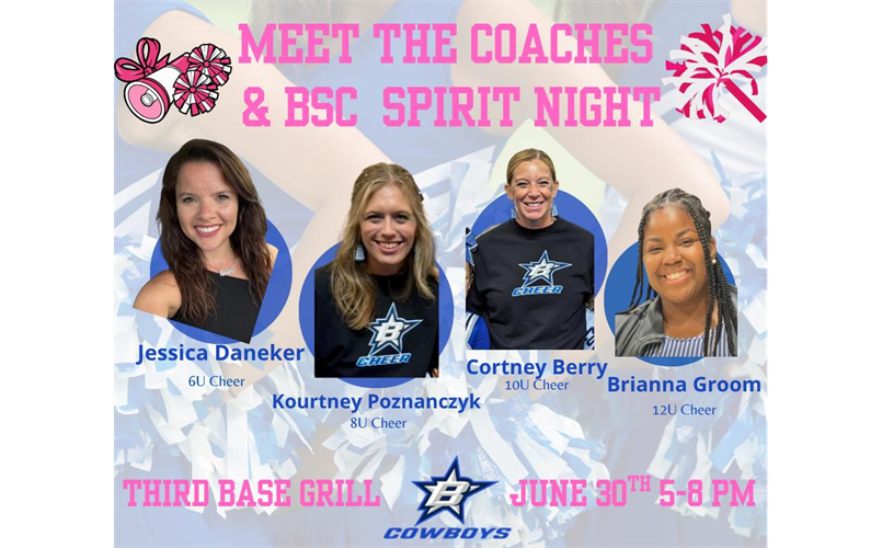 June 30th 5-8pm - Cheer Meet the Coach Night @ Third Base Grill